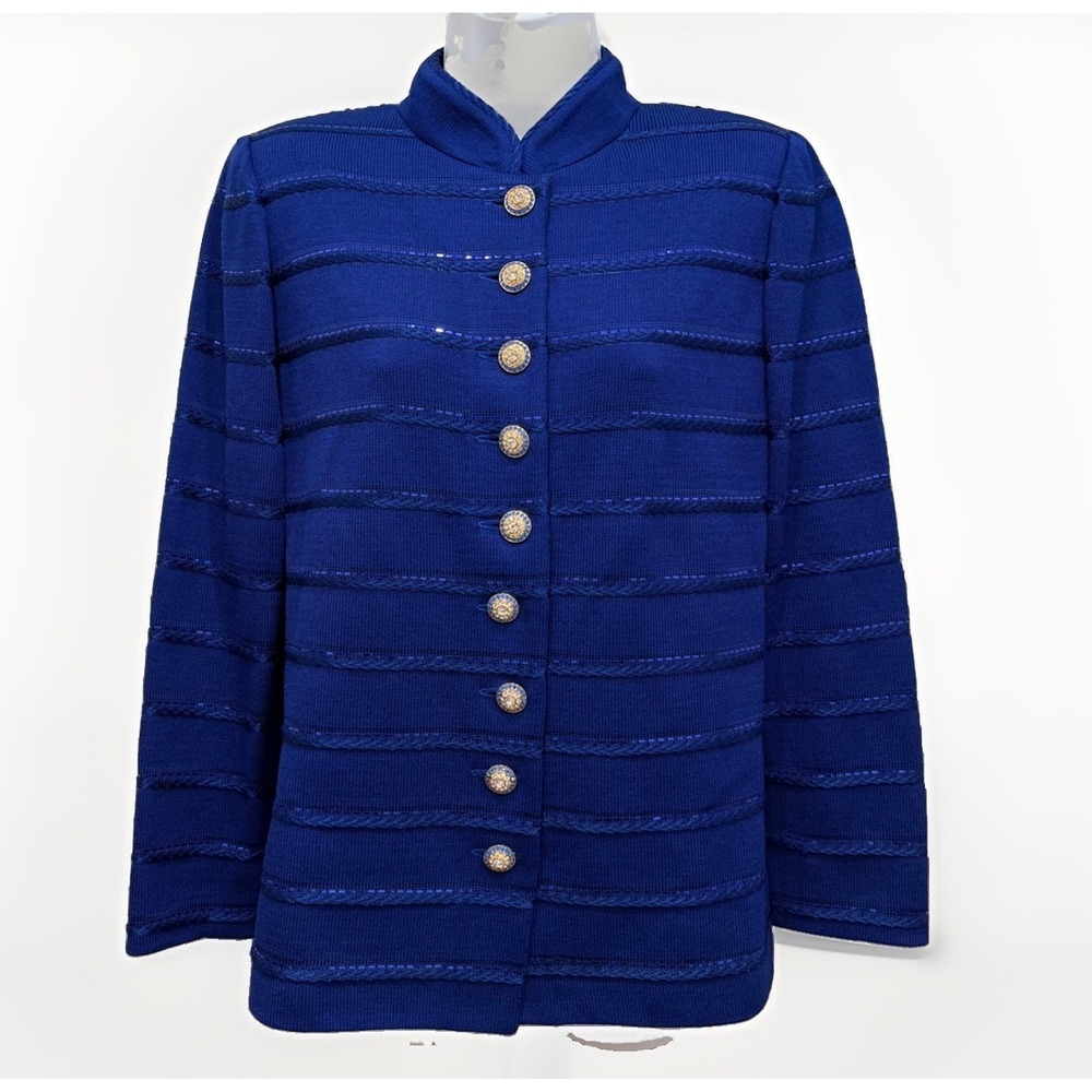 ST JOHN Evening Royal Blue Santana Knit Paillettes Sequins Tunic Jacket Size 8‎